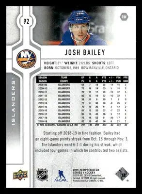 2019-20 Upper Deck #92 Josh Bailey - Hockey Card Single