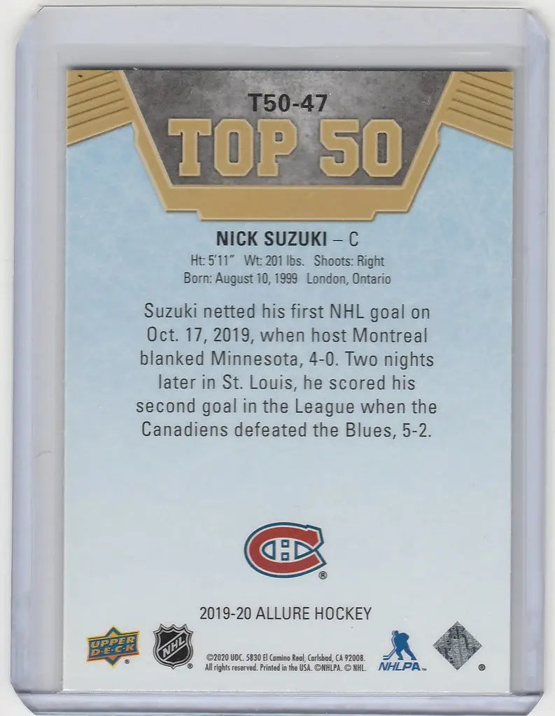 Hockey trading card of Nick Suzuki Montreal Canadiens from Upper Deck Allure 2019-20