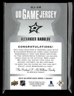 2019-20 Upper Deck #GJ-AR Alexander Radulov UD Game Jersey - Sports Memorabilia