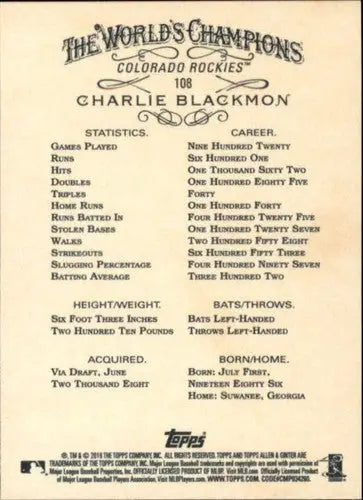 Collectible baseball card featuring Charlie Blackmon with original gloss, NM-MT condition