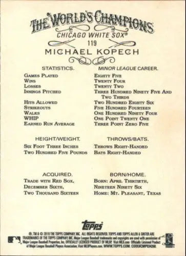 Original gloss Michael Kopech baseball card from 2019 Allen and Ginter NM-MT RC White Sox