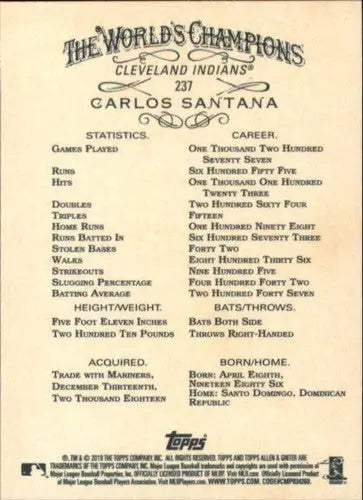 Original gloss of Carlos Santana baseball card back from 2019 Allen and Ginter featuring Simply Sandoval