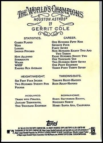 Original gloss Gerrit Cole baseball card back from 2019 Allen and Ginter NM-MT