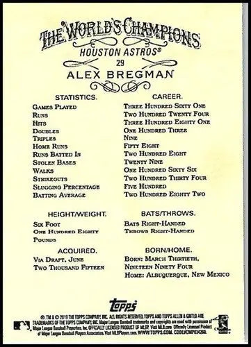 2019 Allen and Ginter #29 Alex Bregman NM-MT Astros - Baseball Card Single