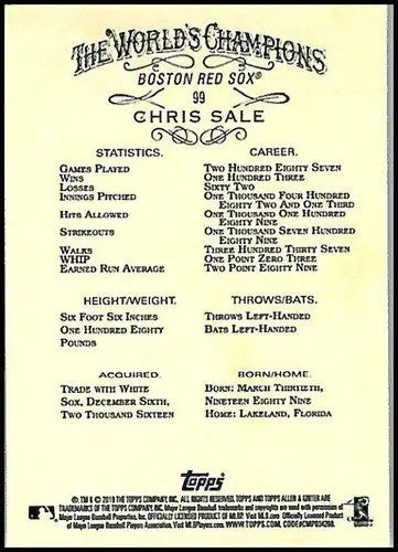 2019 Allen and Ginter #99 Chris Sale NM-MT Red Sox - Baseball Card Single