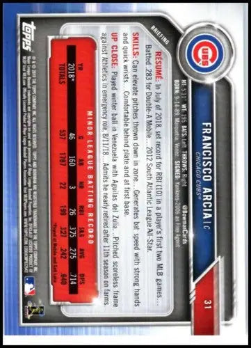2019 Bowman #31 Francisco Arcia NM-MT RC Rookie Cubs ID:52045 - Baseball Card Single