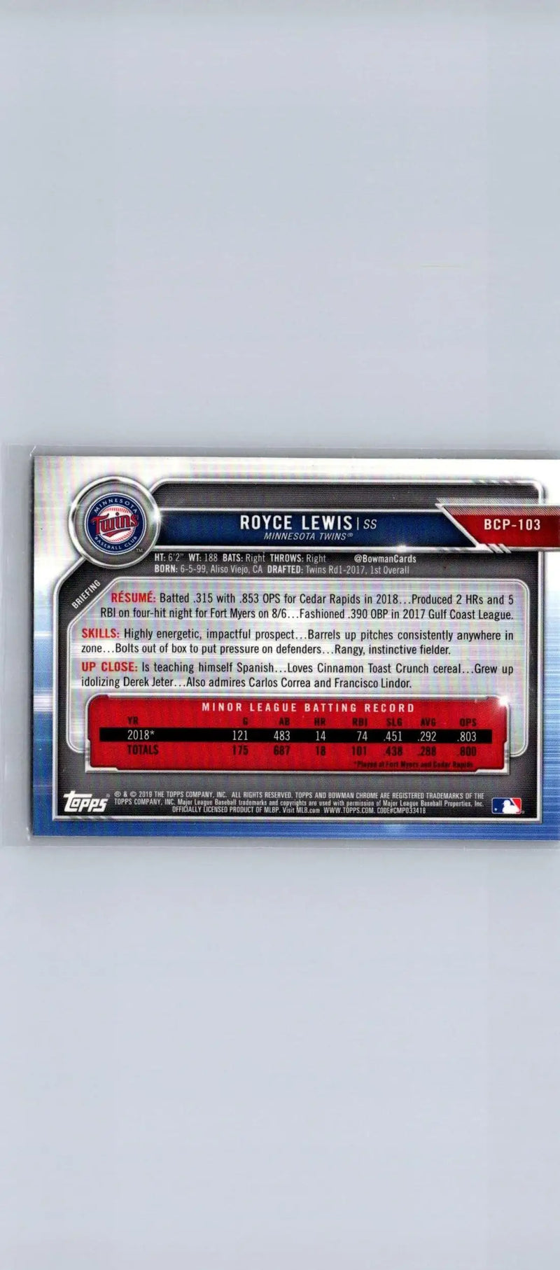 Back of 2019 Bowman Royce Lewis Chrome Prospects Mojo Refractors baseball card