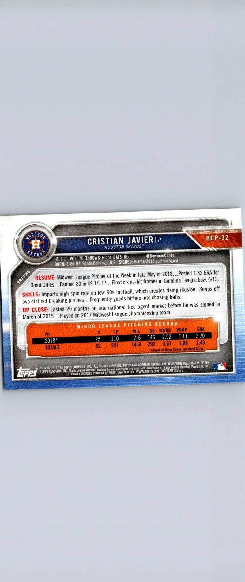 Back of 2019 Bowman #BCP-32 Cristian Javier Chrome Prospects baseball card