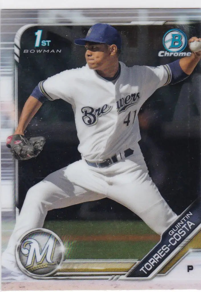 Baseball player in Milwaukee Brewers uniform pitching for 2019 Bowman Chrome trading cards