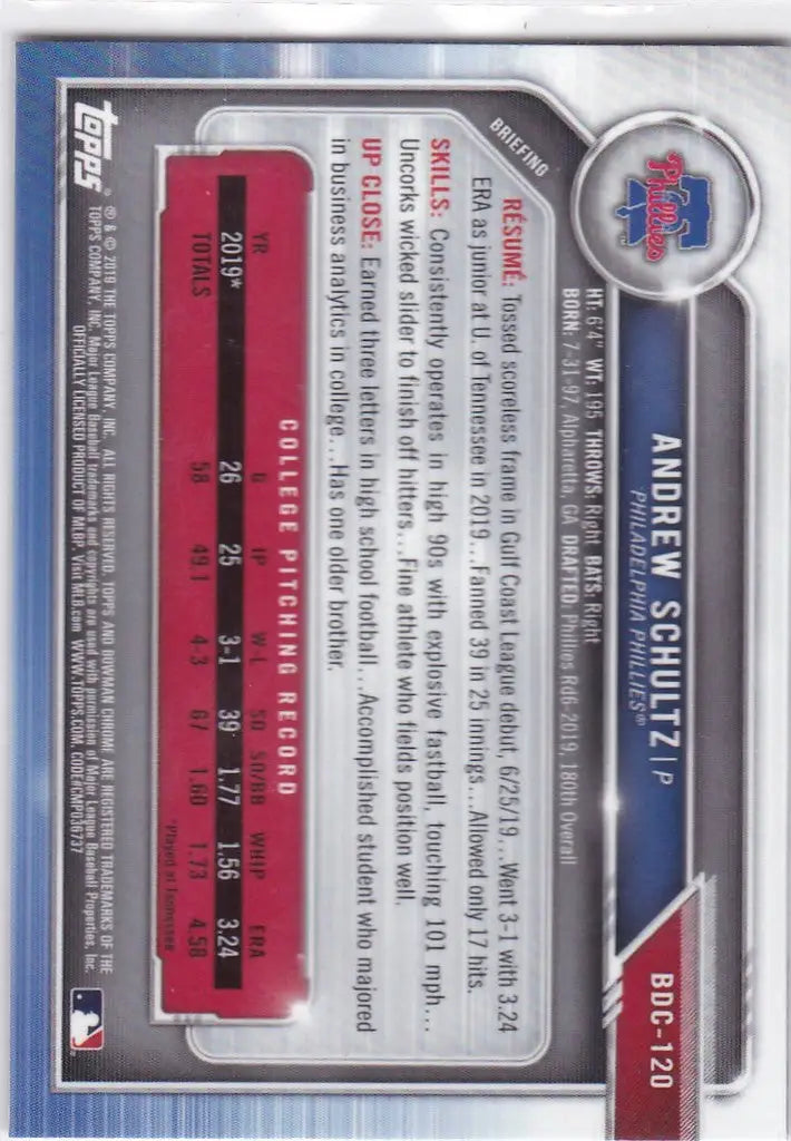 2019 Bowman Chrome #BDC-120 Andrew Schultz Philadelphia Phillies