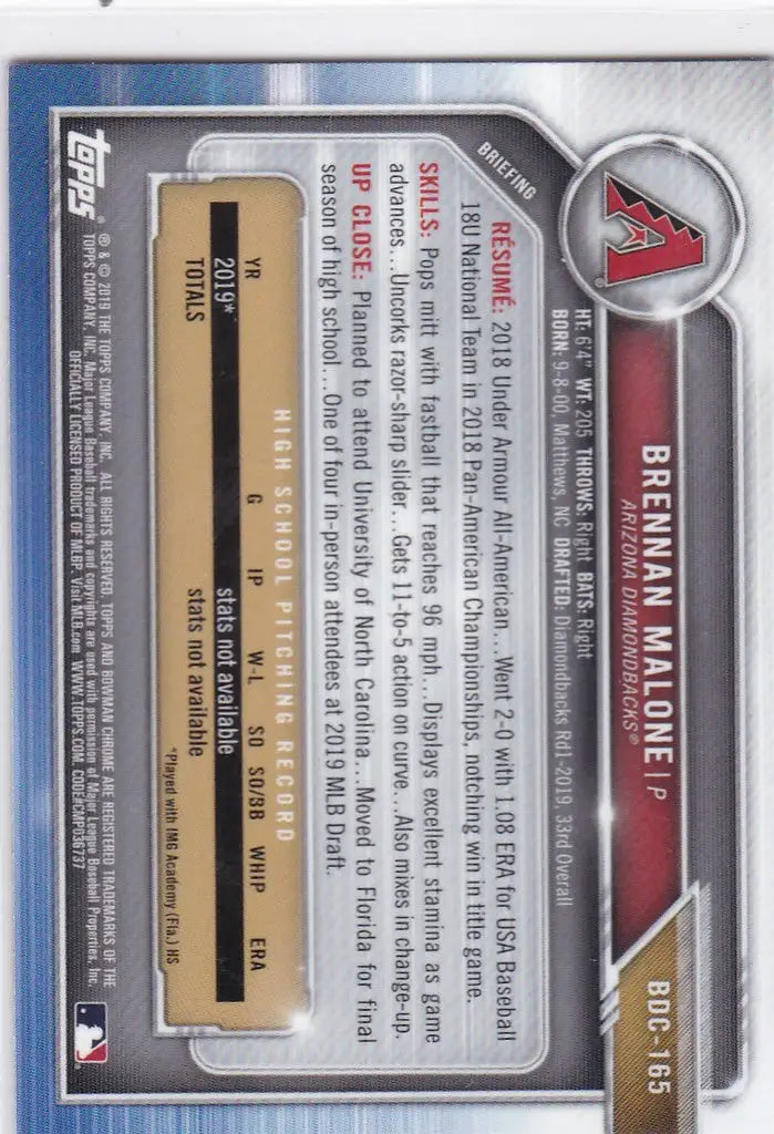 Brennan Malone Arizona Diamondbacks trading card with team logo and player stats