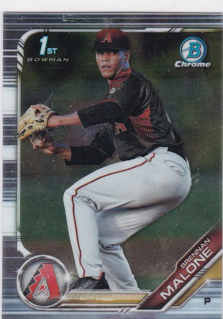 Brennan Malone in pitching stance wearing Arizona Diamondbacks uniform Bowman Chrome card