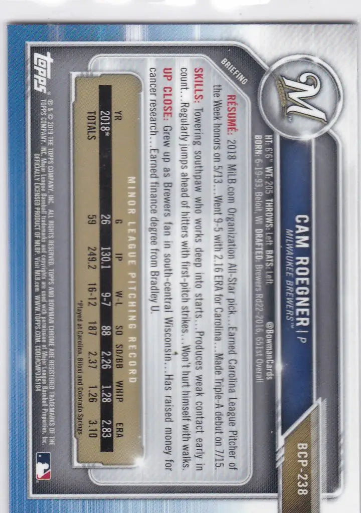 Baseball trading card for Cam Roegner 1st Bowman Milwaukee Brewers showcasing player stats