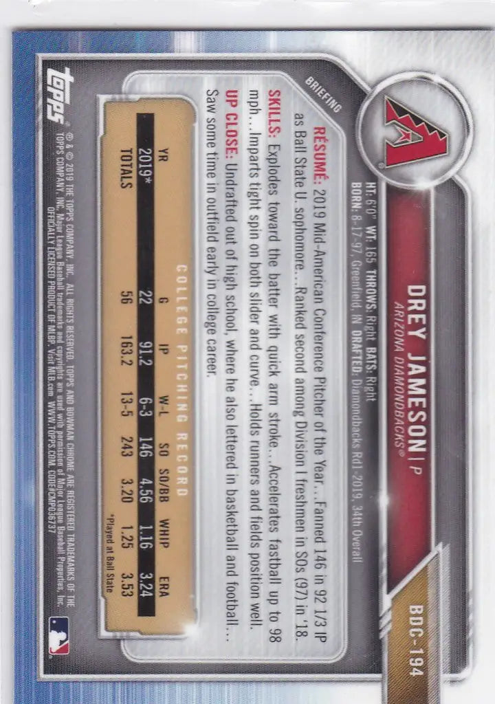 2019 Bowman Chrome Draft #BDC-194 Drey Jameson 1st bowman Arizona Diamondbacks