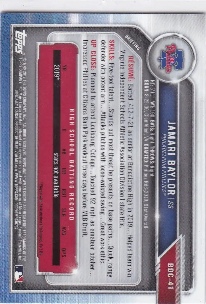 2019 Bowman Chrome Draft #BDC-41 Jamari Baylor 1st bowman Philadelphia Phillies