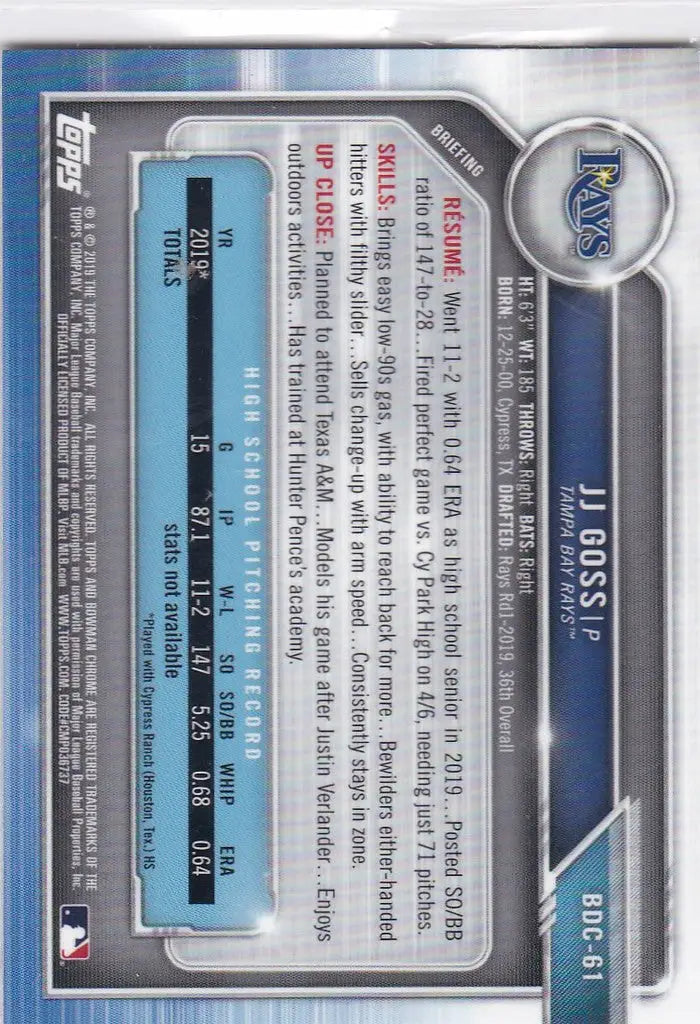 2019 Bowman Chrome Draft #BDC-61 JJ Goss Tampa Bay Rays