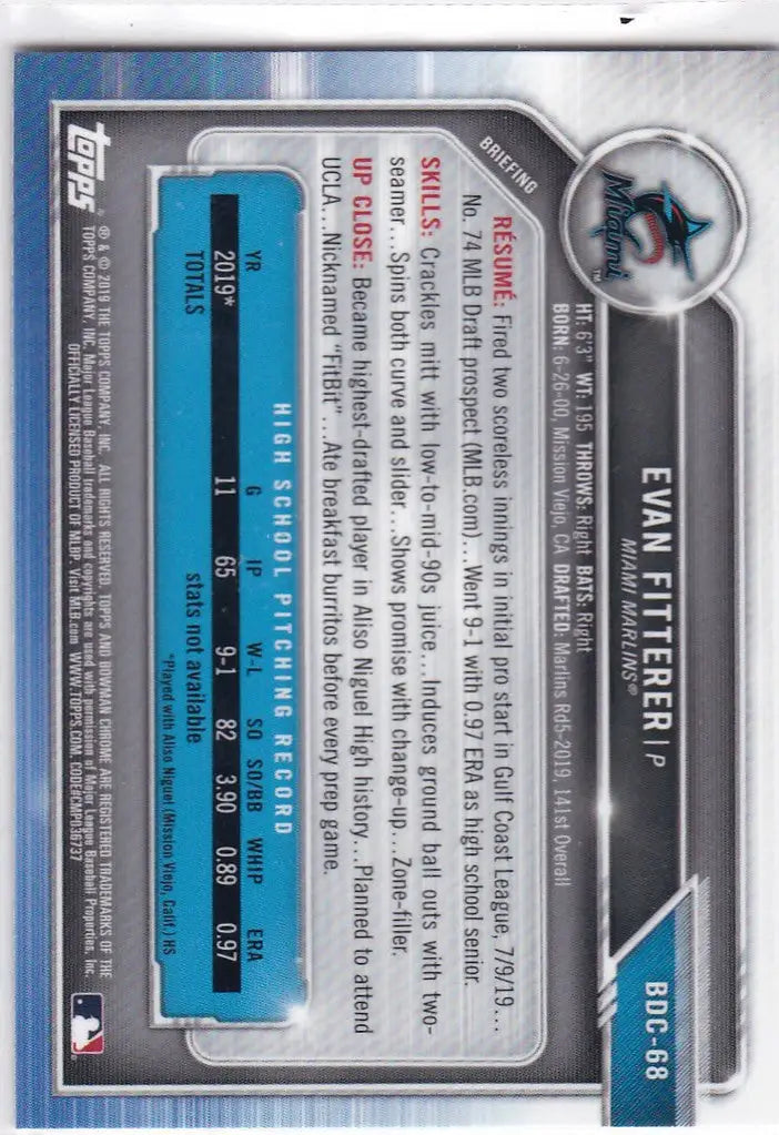 2019 Bowman Chrome Draft #BDC-68 Evan Fitterer 1st Bowman Miami Marlins - Baseball Card Single