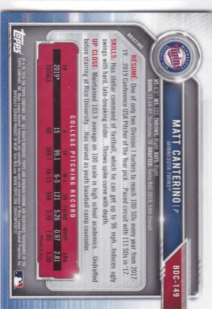 2019 Bowman Chrome Draft Prospect #BDC-149 Matt Canterino Minnesota Twins