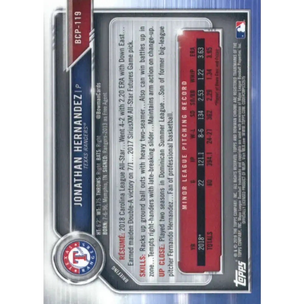 2019 Bowman Chrome Prospects #BCP-119 Jonathan Hernandez NM-MT Texas Rangers Baseball Card - Baseball Card Single