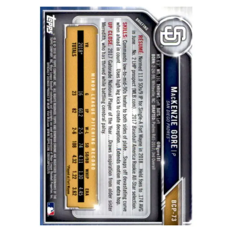 2019 Bowman Chrome Prospects #BCP-73 MacKenzie Gore NM-MT San Diego Padres Baseball Card - Baseball Card Single
