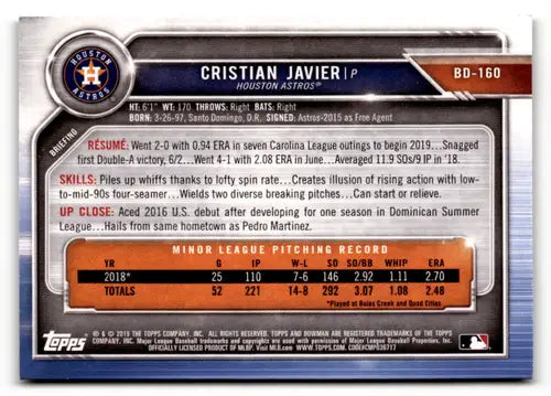 2019 Bowman Draft #BD-160 Cristian Javier EX/NM Astros ID:52043 - Baseball Card Single