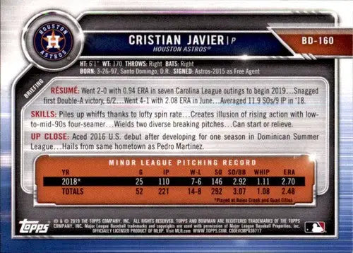2019 Bowman Draft #BD-160 Cristian Javier NM-MT Astros ID:52042 - Baseball Card Single