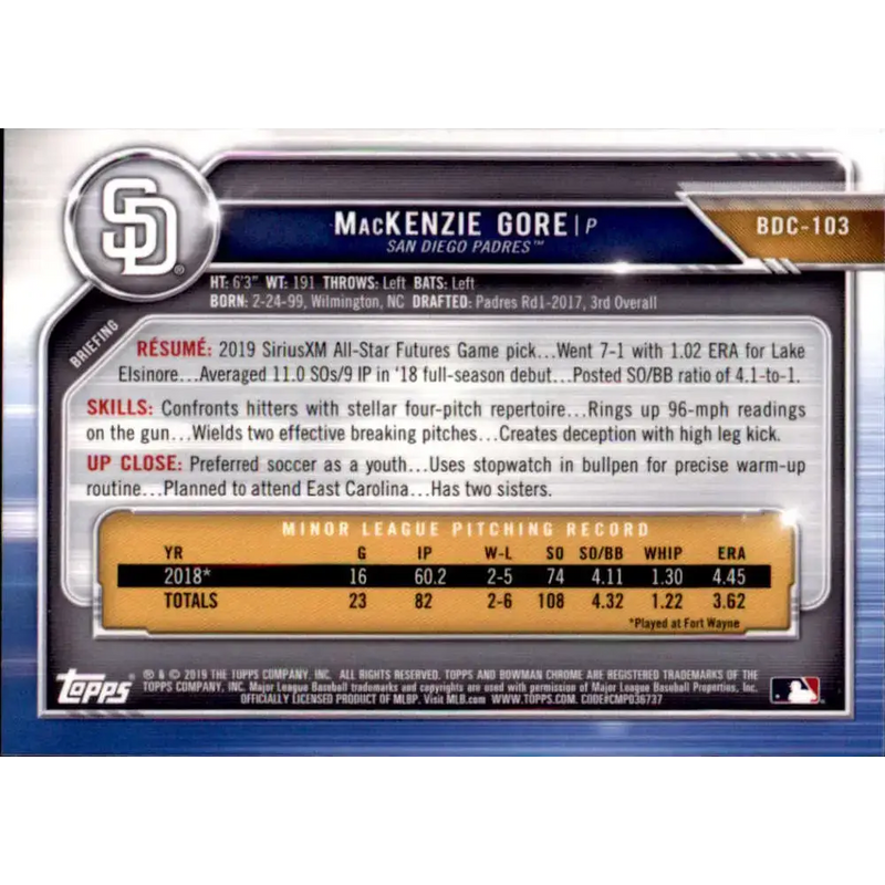 2019 Bowman Draft Chrome #BDC-103 MacKenzie Gore NM-MT San Diego Padres Baseball Card - Baseball Card Single