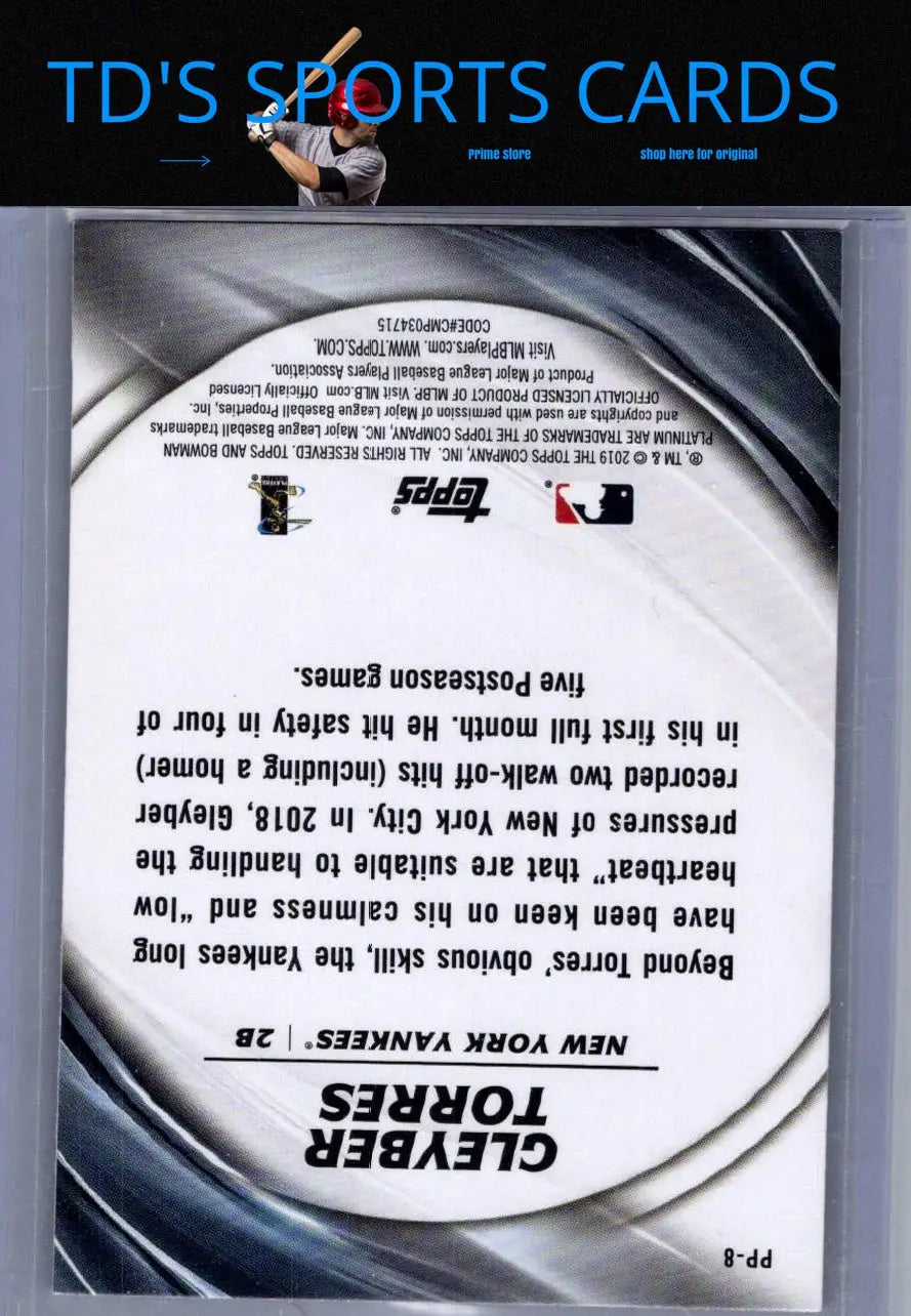 Gleyber Torres baseball card back from 2019 Bowman Platinum Torres Platinum Presence