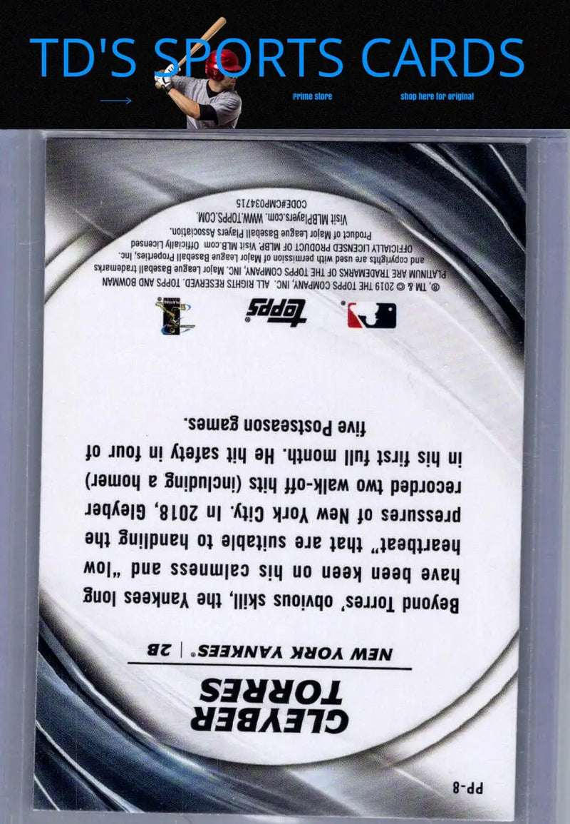 Gleyber Torres baseball card back from 2019 Bowman Platinum Torres Platinum Presence