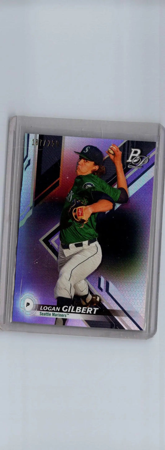 Logan Gilbert baseball card from Bowman Platinum Top Prospects Purple #/250