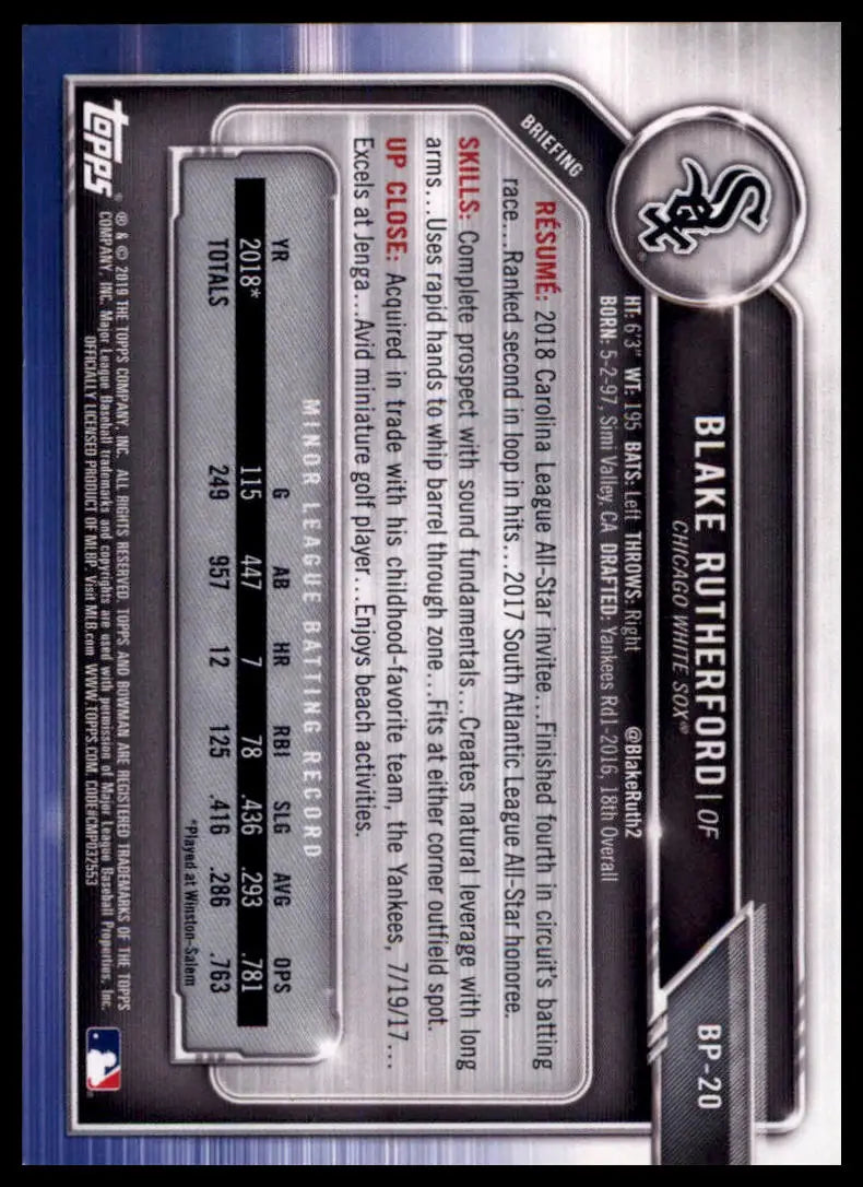 2019 Bowman - Prospects Blake Rutherford BP-20 Chicago White Sox NM - Baseball Card Single