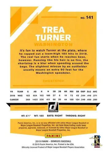 Trea Turner baseball card with original gloss from 2019 Donruss #141 NM-MT Nationals