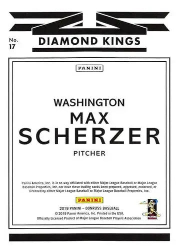 Original gloss baseball trading card of Max Scherzer Diamond King from 2019 Donruss