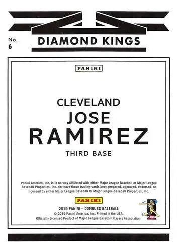 Baseball card back featuring original gloss for 2019 Donruss Jose Ramirez Diamond King