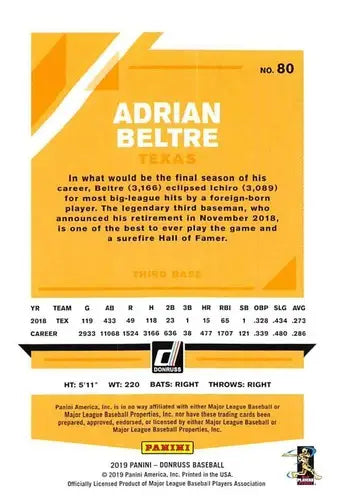2019 Donruss #80 Adrian Beltre NM-MT Rangers - Baseball Card Single