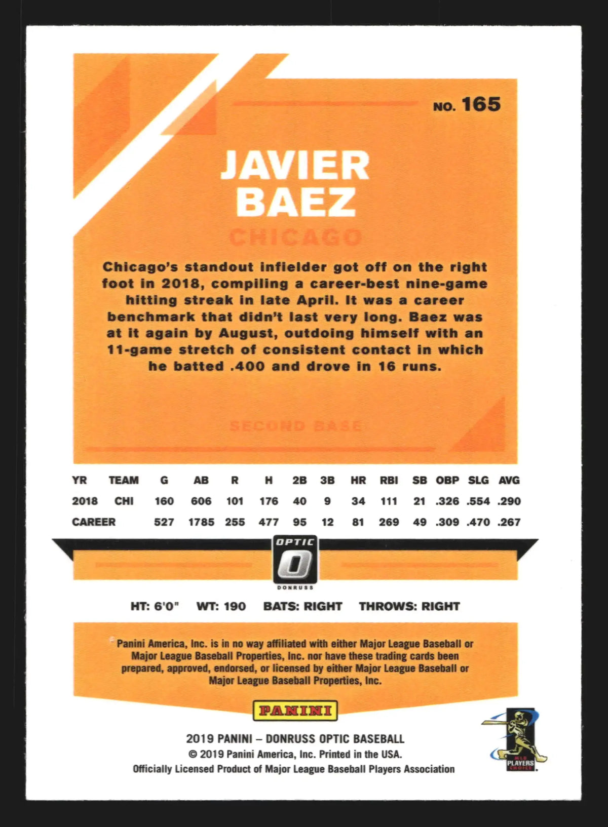 2019 Donruss Optic #165 Javier Baez Chicago Cubs - Baseball Card Single