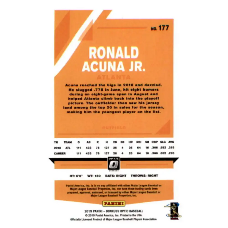 2019 Donruss Optic #177 Ronald Acuna Jr. NM-MT Atlanta Braves Baseball Card - Baseball Card Single