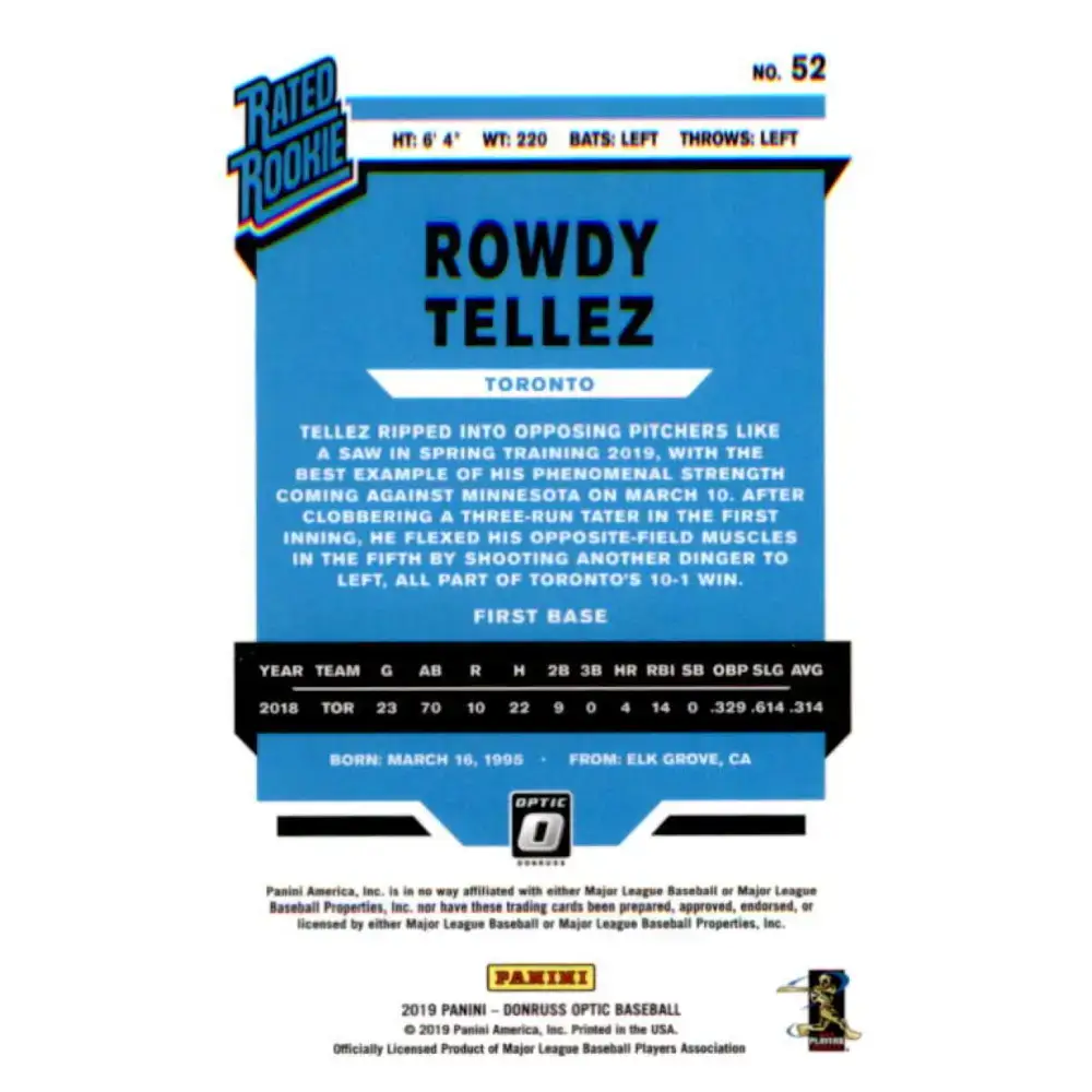 2019 Donruss Optic #52 Rowdy Tellez NM-MT Toronto Blue Jays Baseball Card - Baseball Card Single