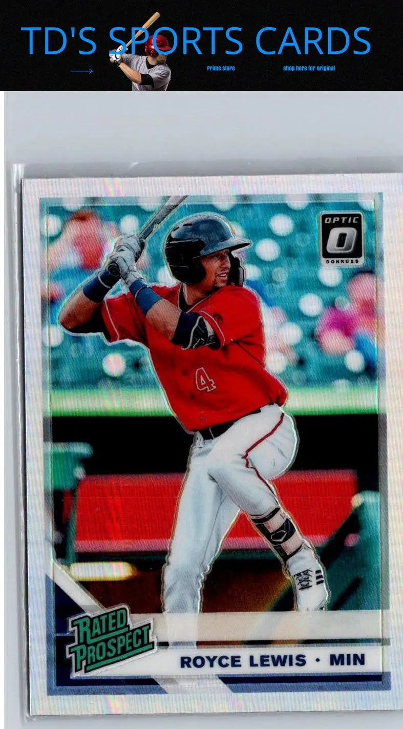 Baseball trading card of Royce Lewis Rated Prospects Holo from 2019 Donruss Optic