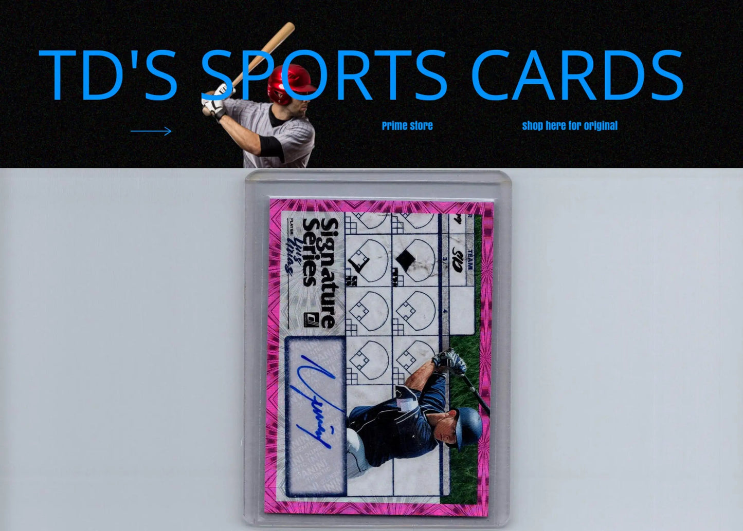 Encased pink-bordered Luis Urias signature baseball card from 2019 Donruss Urias Signature Series