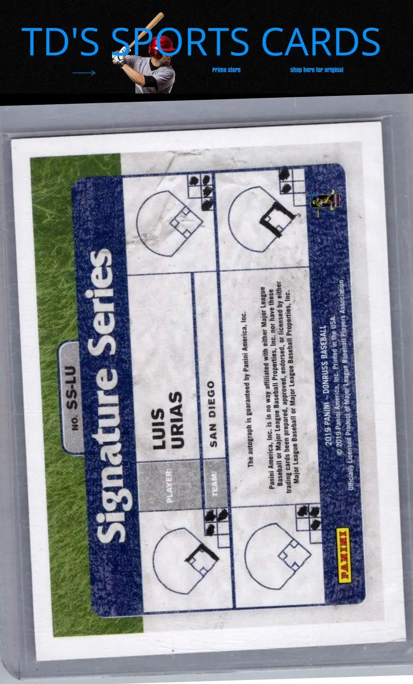 Baseball card back of Luis Urias Signature Series Pink Fireworks 2019 Donruss