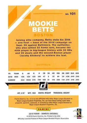 Original gloss Mookie Betts baseball card from 2019 Donruss Variations series