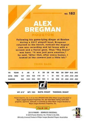 Alex Bregman baseball card back with original gloss from 2019 Donruss Variations