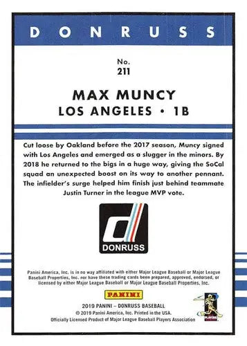Max Muncy baseball card with original gloss from 2019 Donruss Variations Dodgers