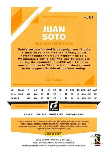 2019 Donruss Variations Juan Soto baseball card with original gloss and NM-MT condition