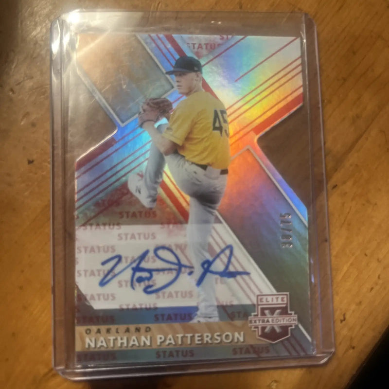 Signed Nathan Patterson trading card from 2019 Elite Extra Edition, Red Die Cut #d/75
