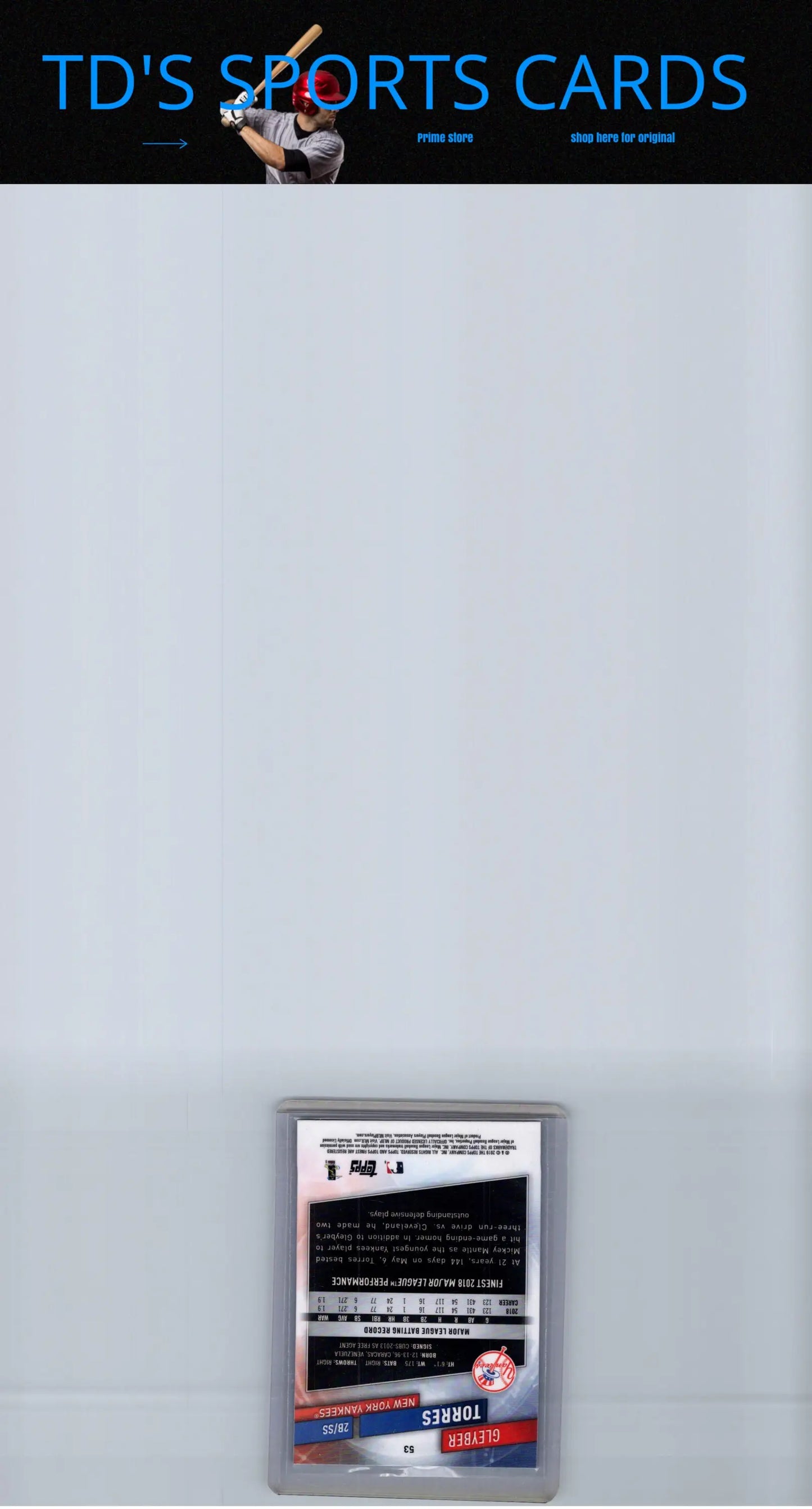 Baseball card in protective case featuring 2019 Finest Gleyber Torres #53 collectible