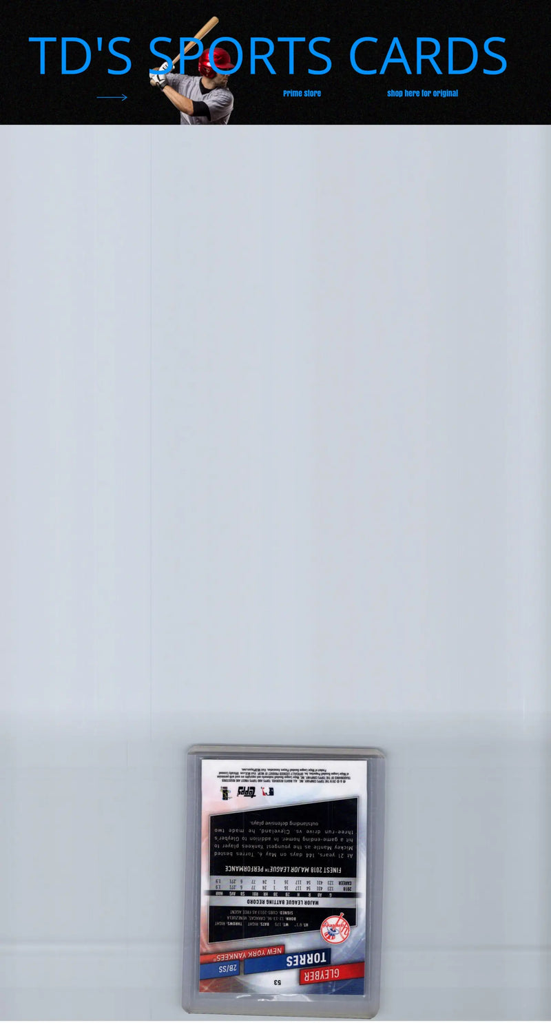 Baseball card in protective case featuring 2019 Finest Gleyber Torres #53 collectible