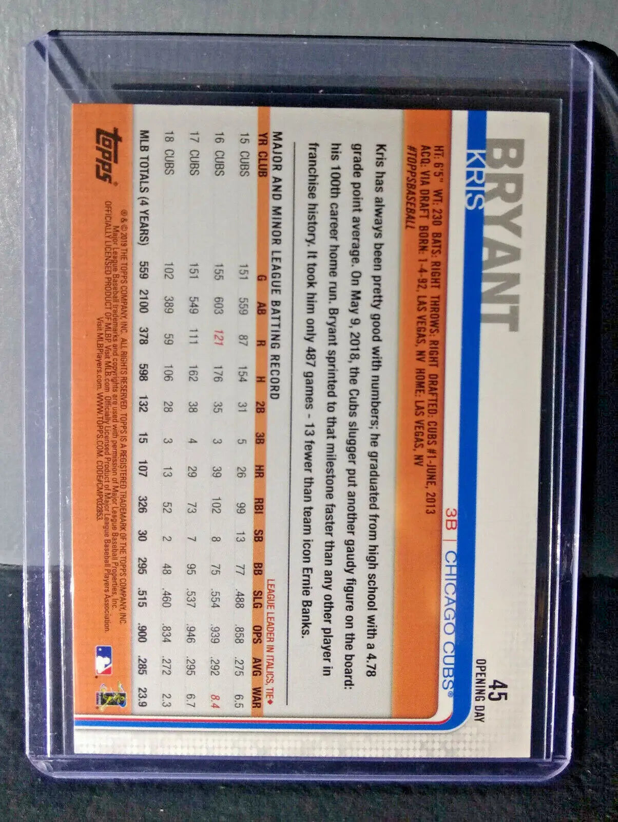 2019 Kris Bryant Opening Day Topps #45 Baseball Card