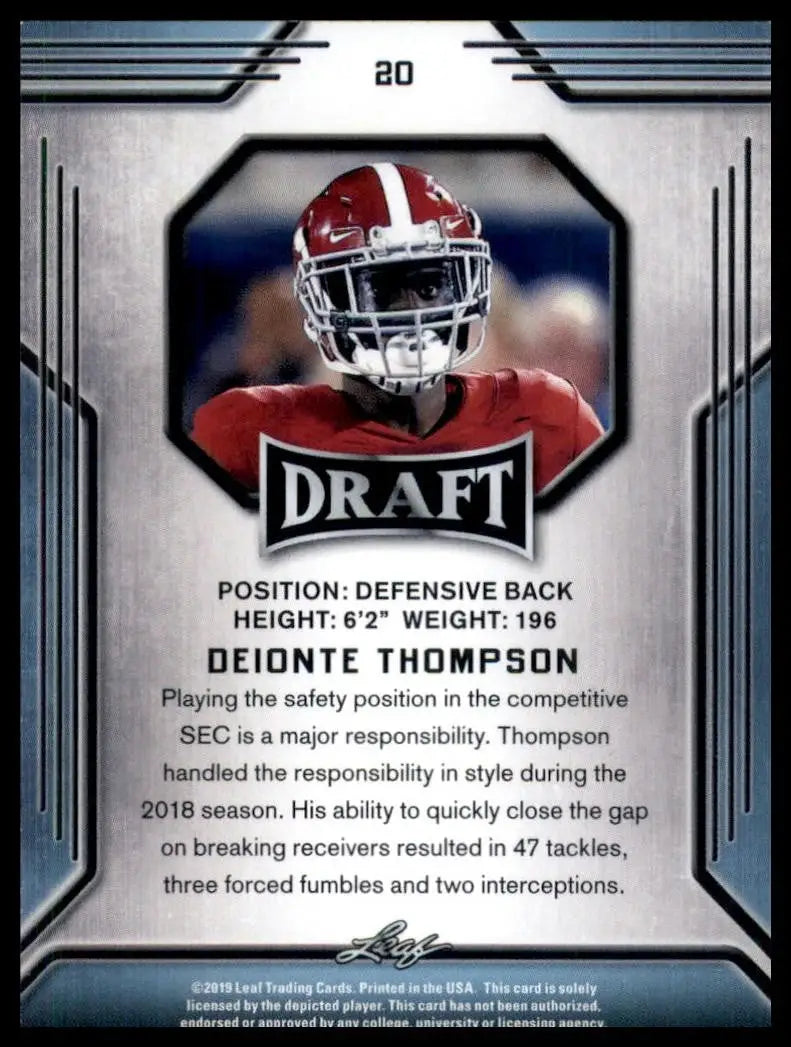 2019 Leaf Deionte Thompson #20 Alabama Crimson Tide Football Card NFL - Football Card Single